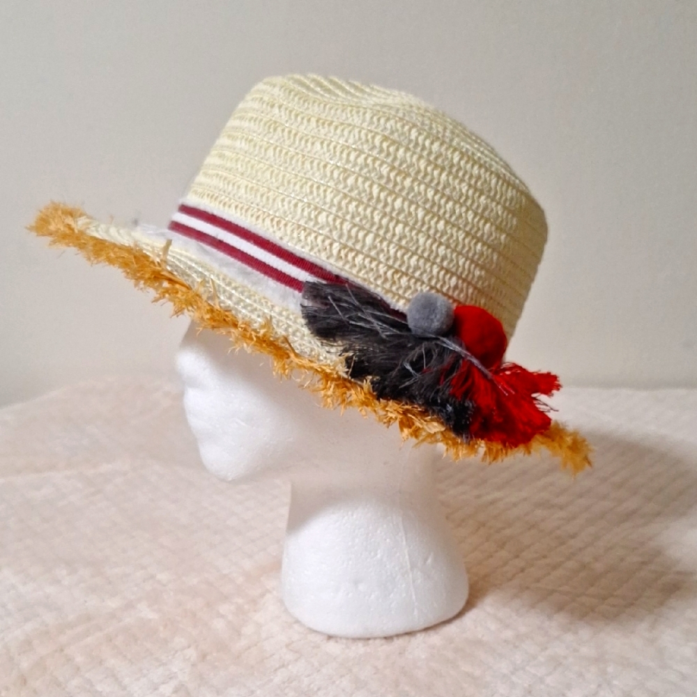 Stylish Cream Straw Hat with Red and Black Accents